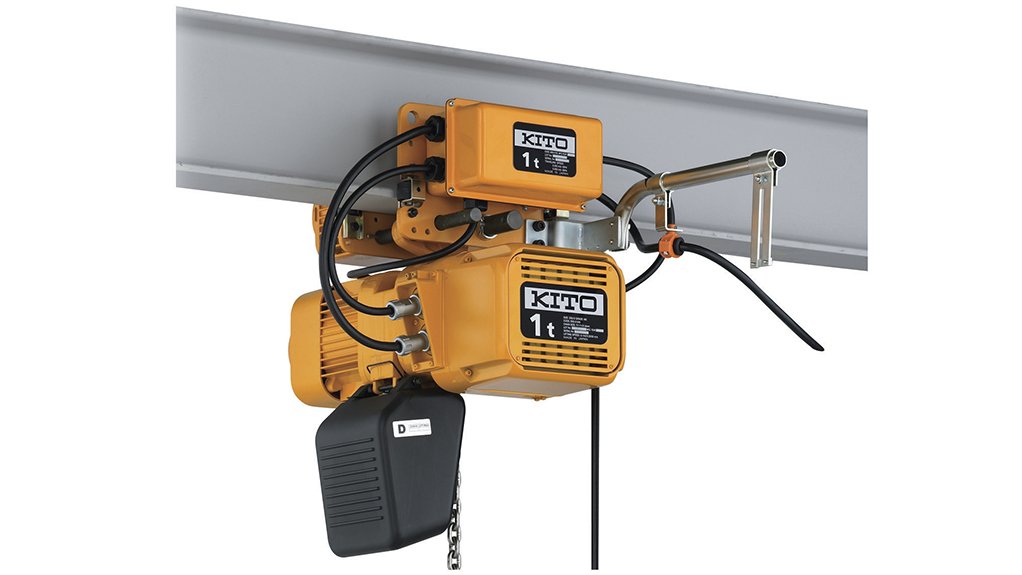 A Kito 1 t electric chain hoist, an orange hoist on rail a rail, supplied to a mill in North West province by Becker Mining South Africa,