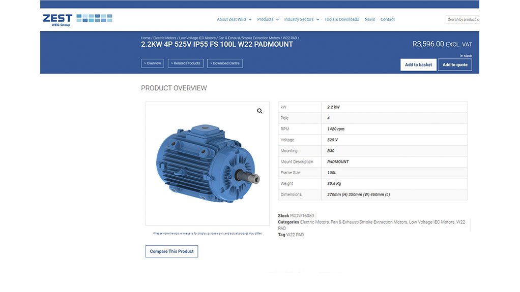 A screenshot of a product added to the basket on the Zest WEG E-Commerce facility.