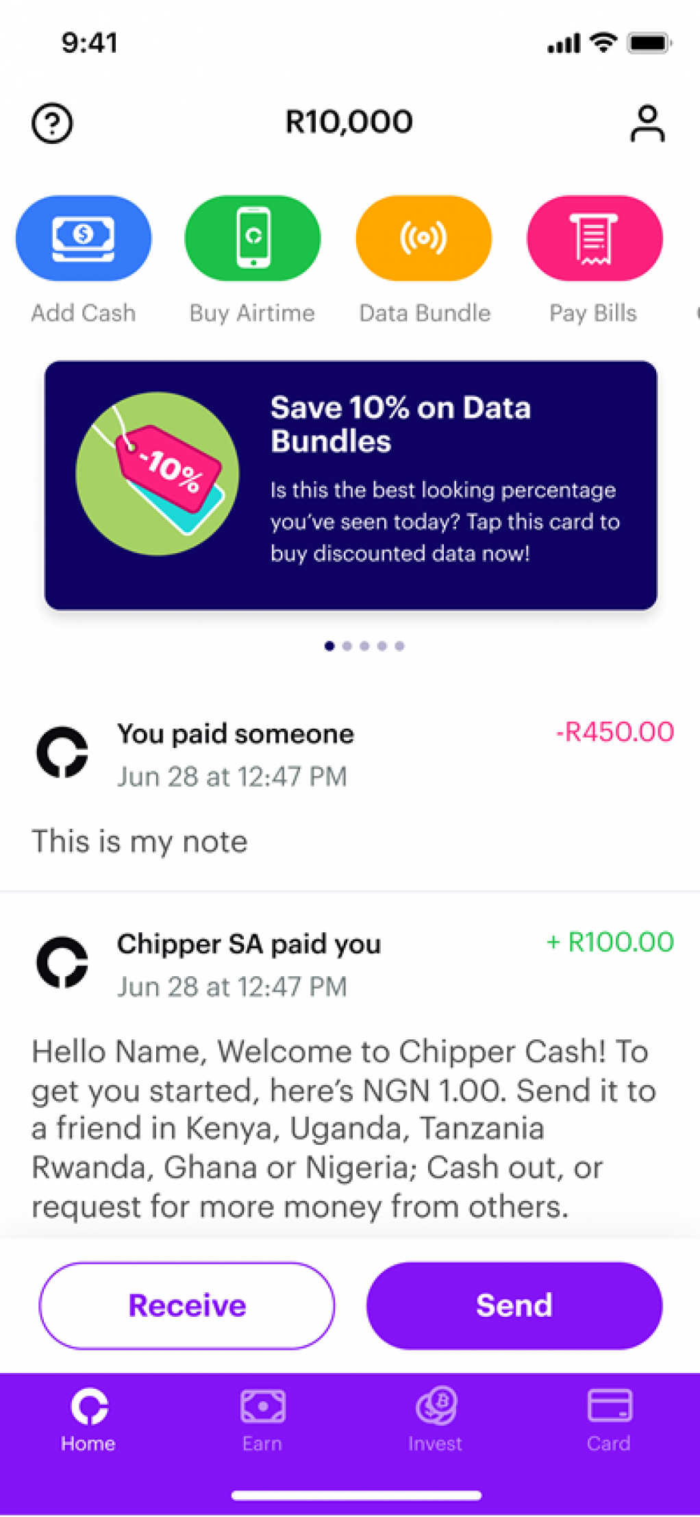 A snapshot of Chipper Cash interface