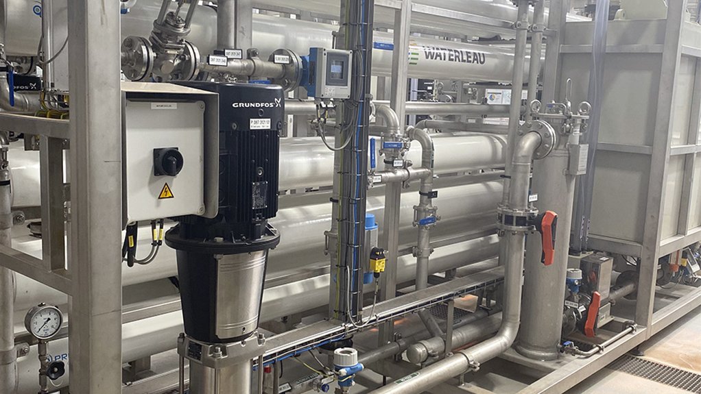 A view of the reverse osmosis section where purified water is pumped using Grundfos vertical multi-stage 316 stainless steel pumps