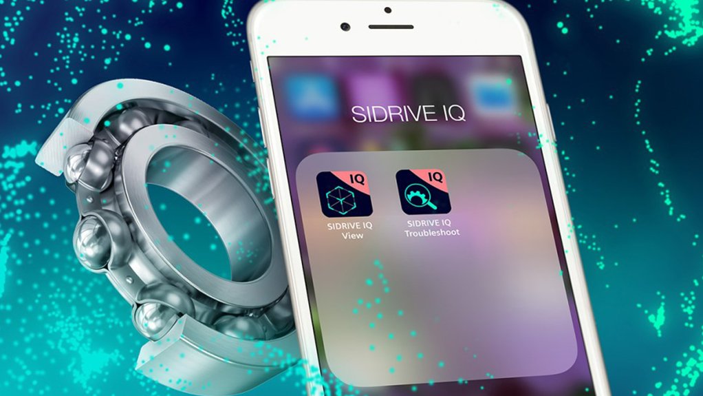 A cell phone and a deep groove ball bearing cross section highlighting Siemens SIDRIVE IQ application 