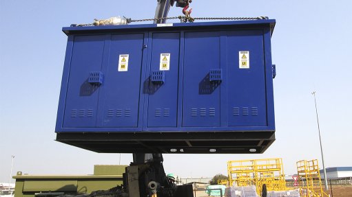 Image of A 500 kVA cast resin type mini substation being offloaded for an outdoor application
