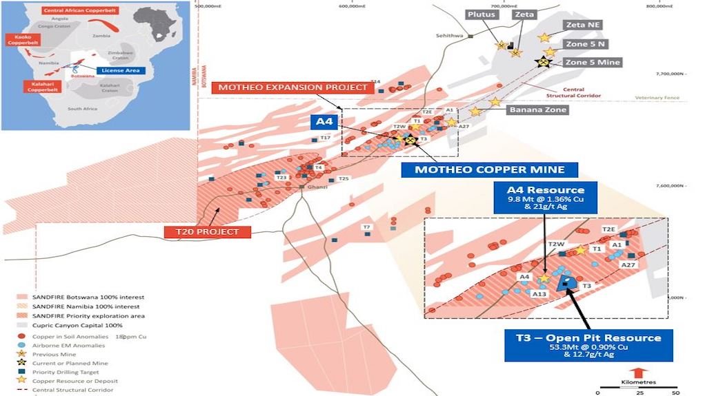 Regional Location Plan with Tshukudu licence holdings showing Motheo Copper Mine, A4 Dome and multiple exploration targets