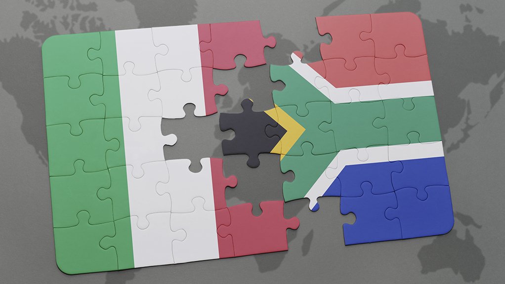 A graphic of interlocking jigsaw puzzles depicting the South African and Italian flags on a backdrop of a map of the world