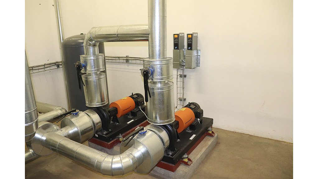 A Grundfos TPED pump is used to circulate water from the hot water tank to the heat exchangers