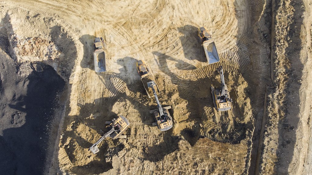 Aerial view of mining trucks at the Phalanndwa Colliery