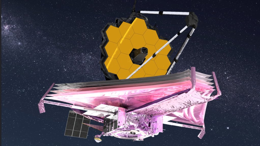 Artist’s impression of the fully-deployed James Webb Space Telescope, with the silver sunshield and the gold primary mirror clearly visible