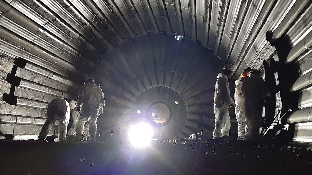 Inside the discharge end of a ball mill being fitted with spiral lifters and rubber grates. Vulco® R67 mill liners last significantly longer and deliver a measurable reduction in mill downtime, installation and maintenance costs