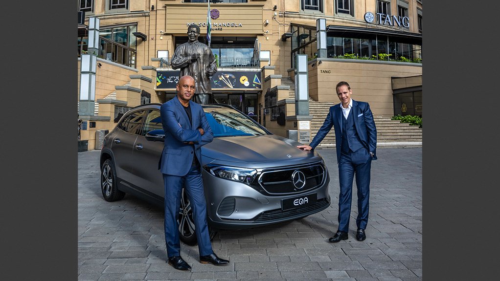 Image of MBSA's Selvin Govender and Mark Raine with the Mercedes-Benz EQA