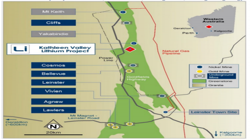 Kathleen Valley Project – Location, infrastructure, existing mines, and regional geology.