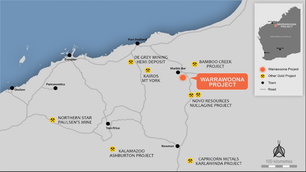 Location map of the Warrawoona gold project, in Australia