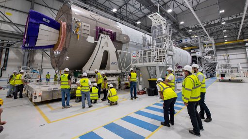 The Ariane 6 lower stage in the assembly hall at Kourou