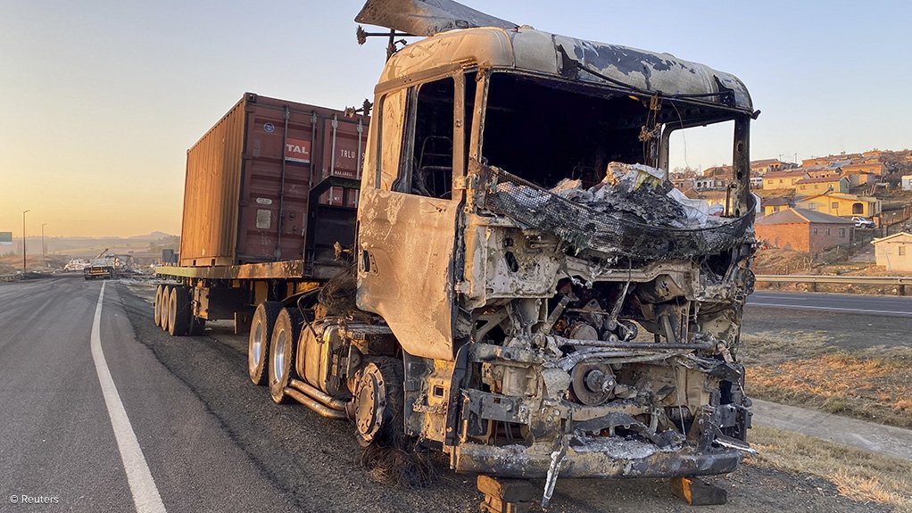 A truck burnt during the July 2021 riots