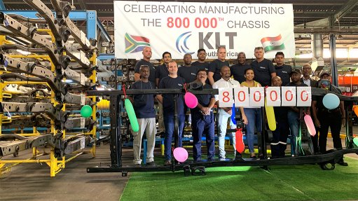 Image of chassis and tubing manufacturer KLT Automotive and Tubular Products South Africa celebrating the production of the 800 000th Ford Ranger chassis at its Hammanskraal plant.