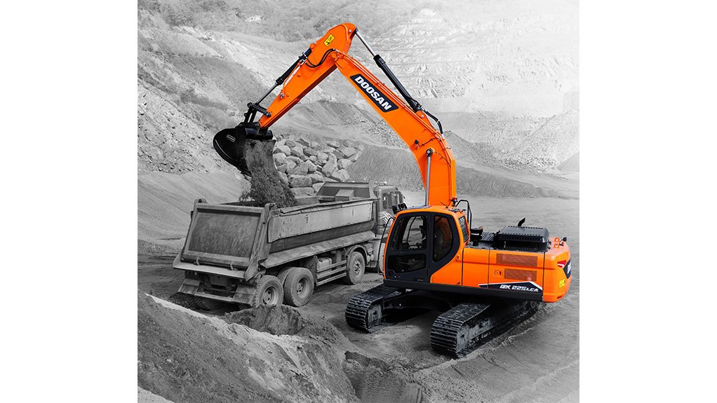 An orange and black excavator machine dumping earth into a dump truck