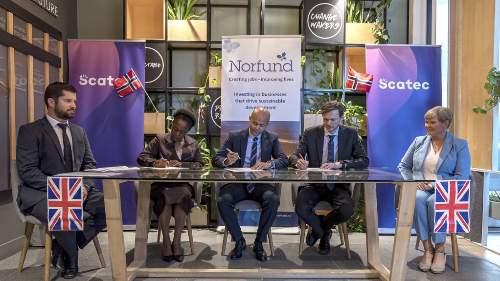 At the signing ceremony, from left is Scatec sub-Saharan Africa GM Jan Fourie, CDC Group coverage director and South Africa head Thithi Kuhlase-Maseko, H1 Holdings CEO Reyburn Hendricks, Norfund clean energy VP Bjørnar Baugerud and Norway International Development Minister Anne Beathe Tvinnereim.