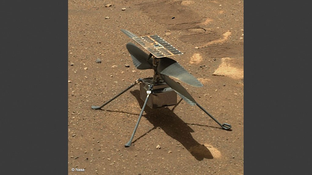 Ingenuity, sitting on the surface of Mars