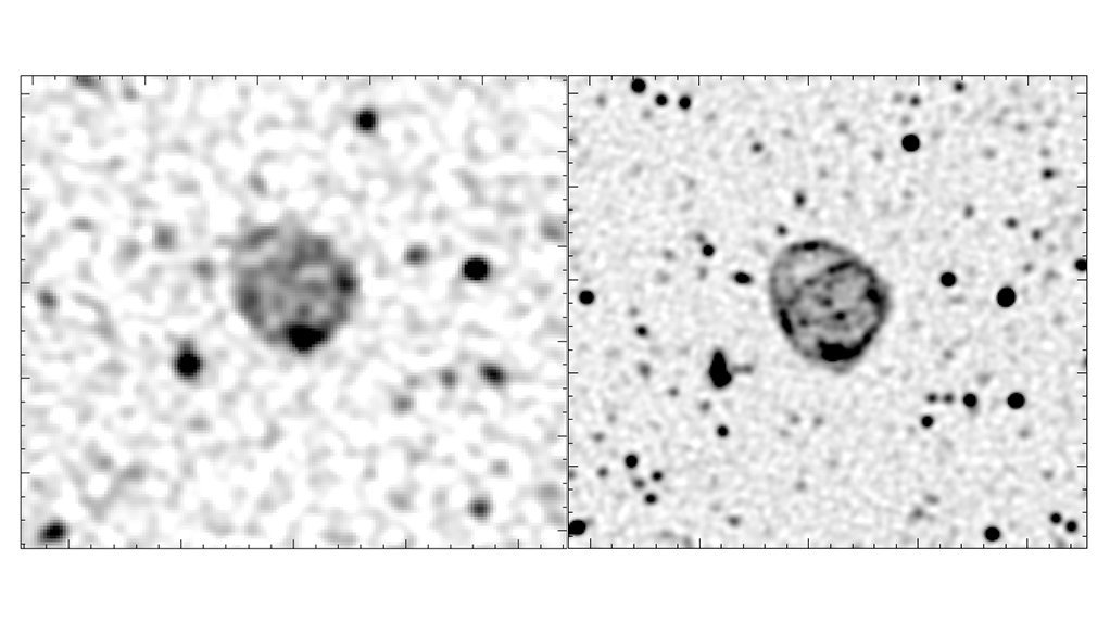 Left: the ASKAP image of ORC1; right: the much higher resolution MeerKAT image of ORC1.