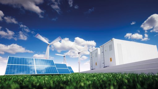 An image depicting white hydrogen energy storage containers with wind turbines and solar panels outdoors