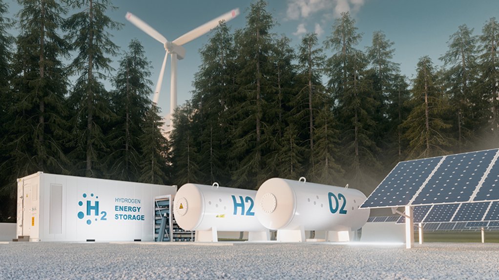An image depicting white and blue hydrogen energy storage containers, a wind turbine and solar panels set outdoors