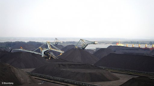 An image showing coal stockpiled for export at the Richard's Bay coal terminal, in Richard's Bay