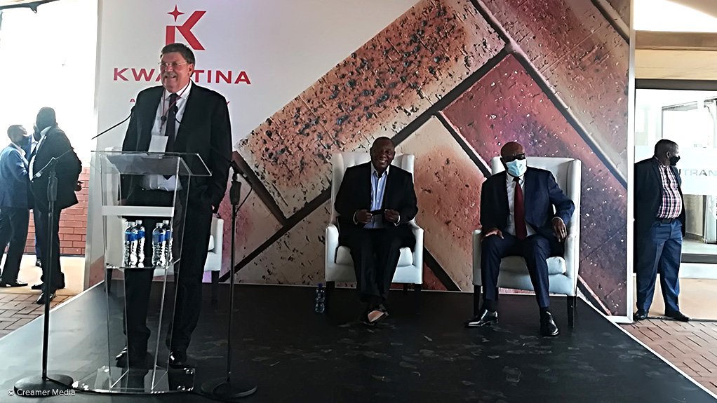 An image showing Corobrik CEO Nick Booth delivering a speech while President Cyril Ramaphosa looks on