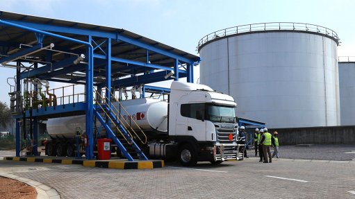 A large fuel tanker at a filling station in Botswana
