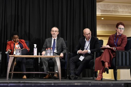 Manufacturing Circle executive director Philippa Rodseth, Macsteel CEO Mike Benfield, Minerals Council chief economist Henk Langenhoven and DTIC acting deputy director general Thandi Phele attending the Mainstreaming the Steel Master Plan conference