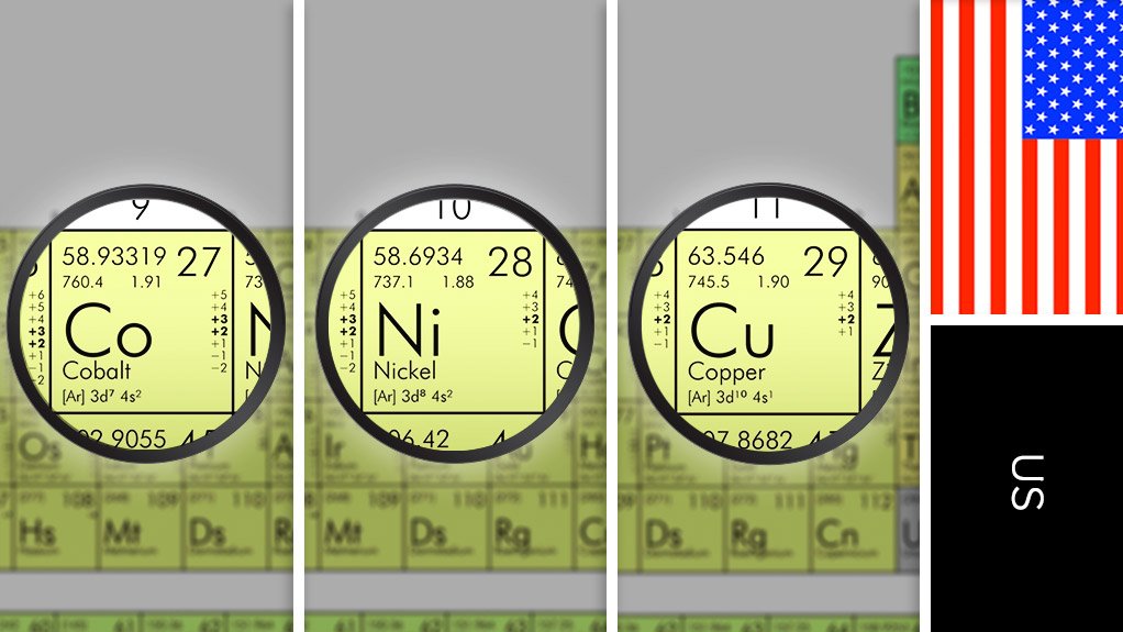 Image of US flag and periodic table symbols for nickel/copper/cobalt