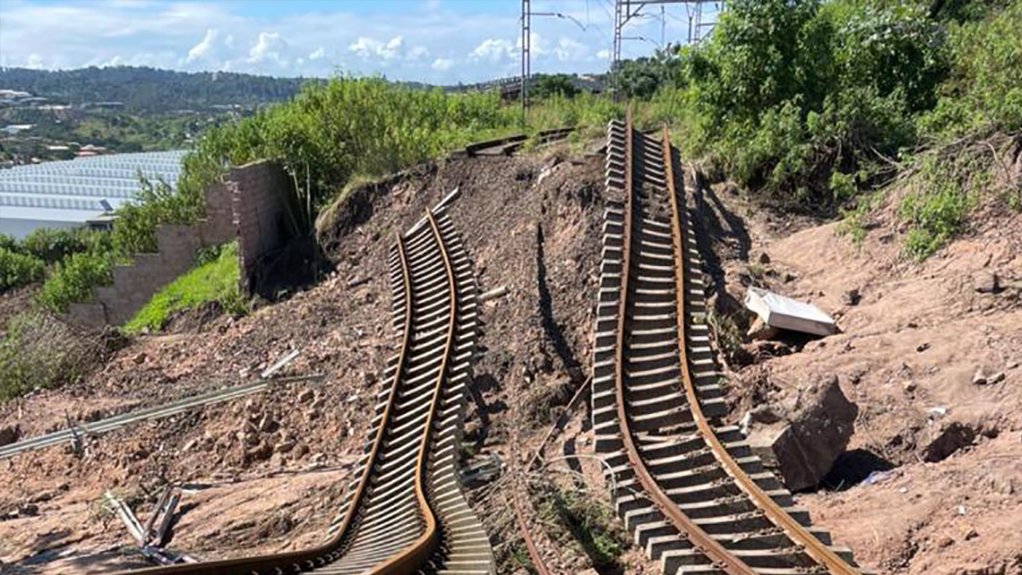 Rail lines damaged by flooding in KwaZulu-Natal in April 2022