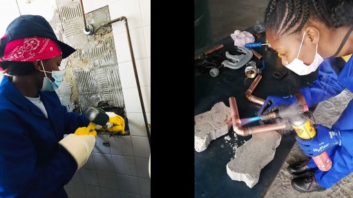 Image of students doing plumbing work to show that BluLever, an education partner to Harambee Youth Employment Accelerator, gives students workplace exposure