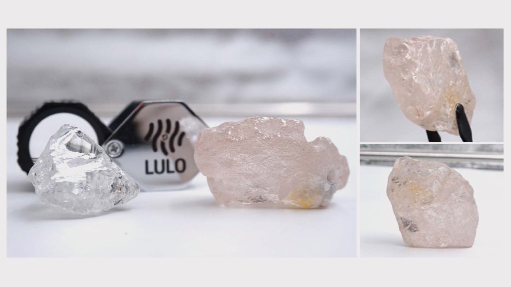 The 170 ct Lulo Rose is pictured with an 80 ct white diamond recovered at the Lulo concession