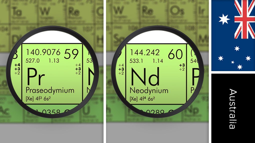 Image of Australia flag and periodic table symbols of neodymium and praseodymium