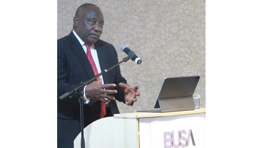 Image of President Cyril Ramaphosa addressing the BUSA AGM delegates
