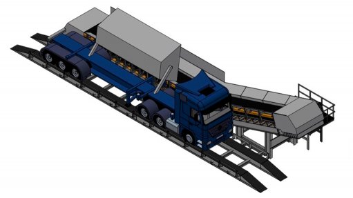 An artist impression of a truck on a ramp next to a conveyor loading system,