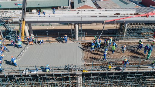 Aerial view of workers on construction site