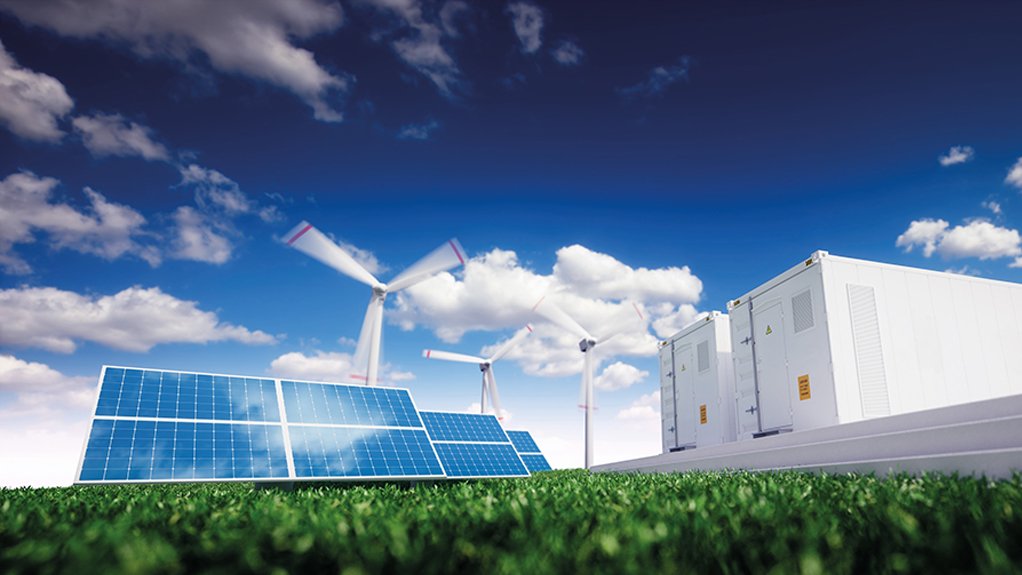 Wind turbines solar panels and hydrogen cells all in  one picture with a clear blue sky and green grass