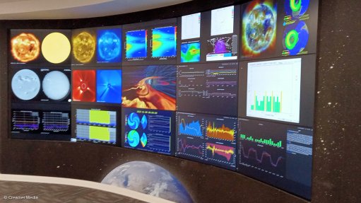 A view of the main display in the space weather operations room.