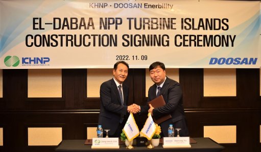 South Korean engineering firm Doosan Enerbility executives ratifying the contract to build the turbine islands of El-Dabaa