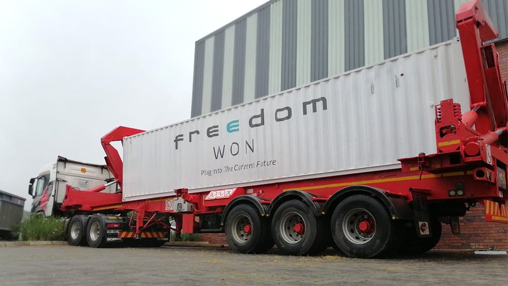 Freedom Won containerised solution being transported to an off-grid project.
