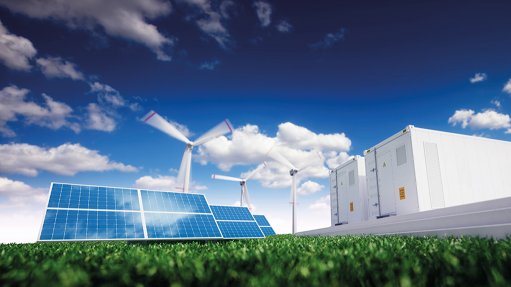 A photo of solar panels, wind turbines and hydrogen installations