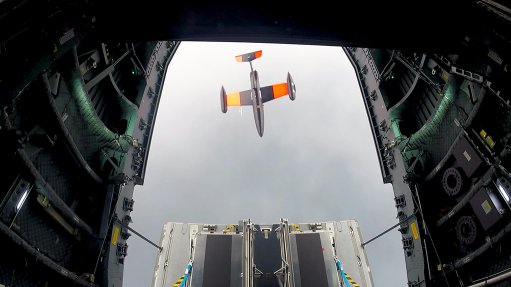 The DT25 drone, pictured from within the A400M, just after its launch