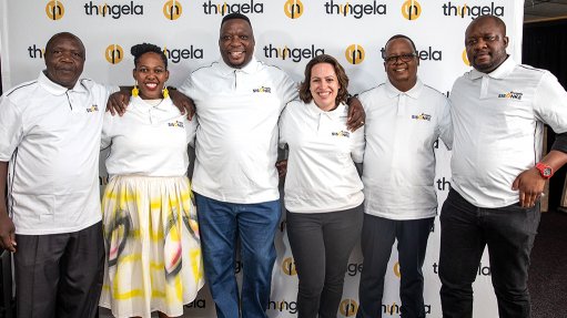 From left to right are beneficiary trustee Ishmael Zuliyani, employer trustee Masechaba Makgolane, chairperson Paulos Soviya, employer trustee Kimm Matsose, Thungela human resources head Lesego Mataboge and beneficiary trustee Bongani Mahungela.