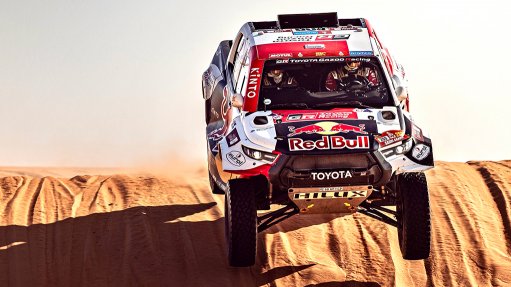 Image of Qatar’s Nasser Al-Attiyah and his French co-driver, Mathieu Baumel, racing in Dakar 2023