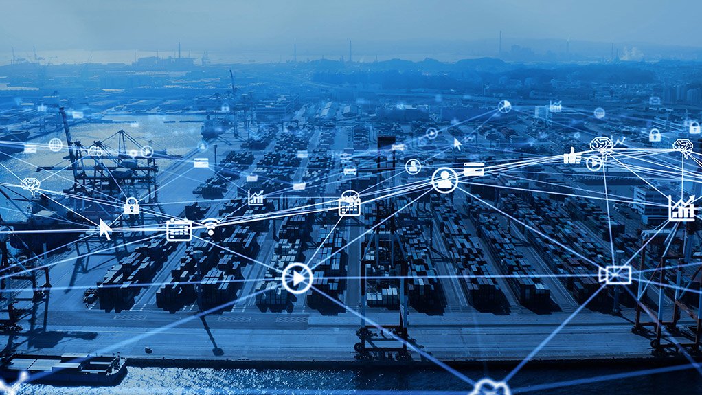 An image depicting interconnectivity by using smart technologies at a container terminal.