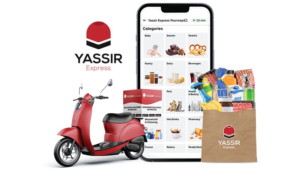 Image of delivery scooter, groceries and cell phone