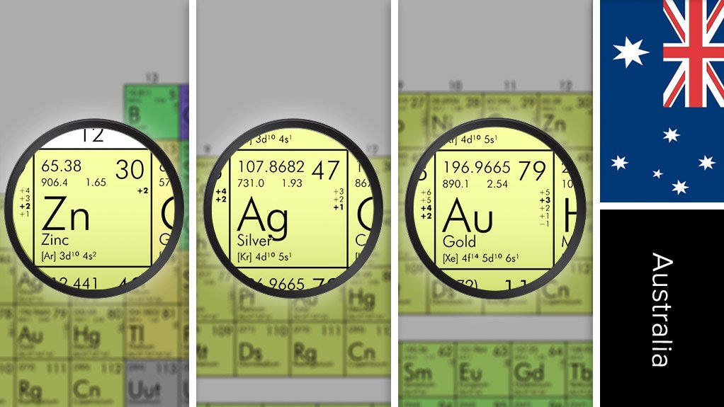 Image of Australia flag and periodic table symbols for gold, silver and zinc