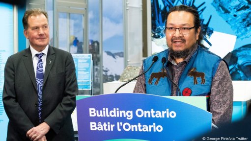 Ontario Mines Minister George Pirie and Chief Bruce Achneepineskum of Marten Falls First Nation