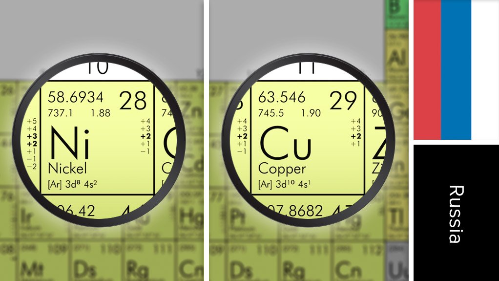Image of Russia flag and periodic table symbols for copper and nickel