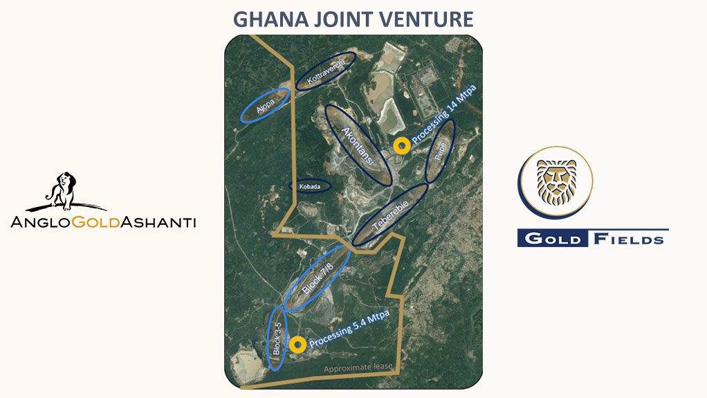 A map showing AngloGold's Iduapriem mine on the left and Gold Fields' Tarkwa mine on the right